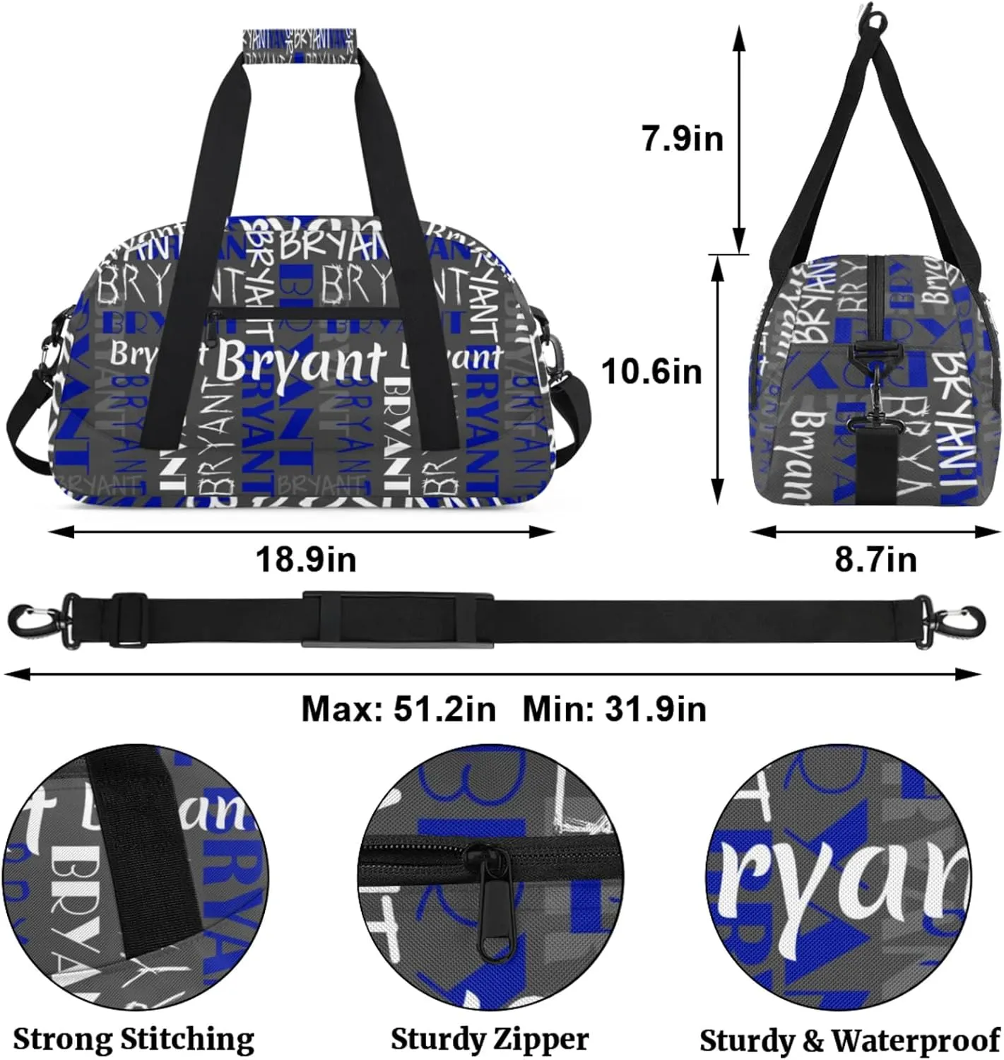 Yzrwebo Custom Name Gym Sport Bag, Personalized Duffel Travel Bag Customized Gymnastics Ballet Dance Bags Small Weekender Overnight Tote Bag for Gifts, Grey White
