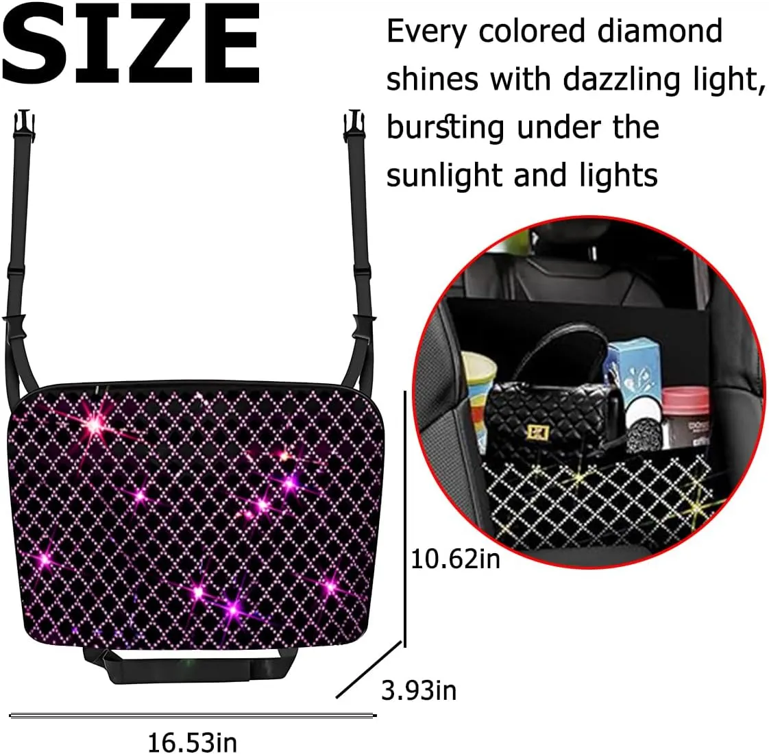 zipelo Bling Car Net Pocket Handbag Holder, Rhinestone Vehicle Backseat Purse Organizer Between Seats, Diamond Hanging Storage Bag Barrier of Pet Kids, Universal Automotive Accessories (Pink)