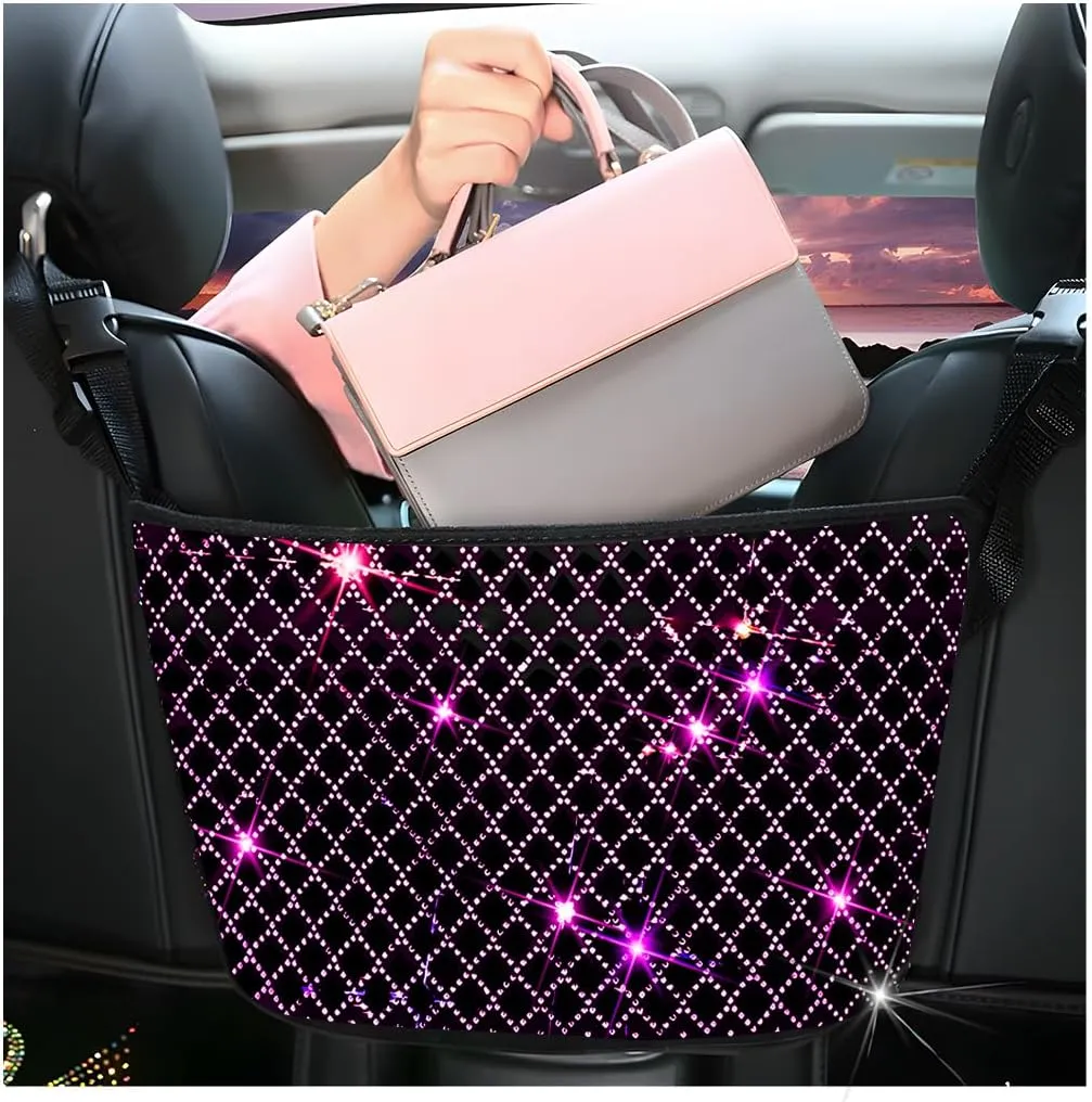 zipelo Bling Car Net Pocket Handbag Holder, Rhinestone Vehicle Backseat Purse Organizer Between Seats, Diamond Hanging Storage Bag Barrier of Pet Kids, Universal Automotive Accessories (Pink)