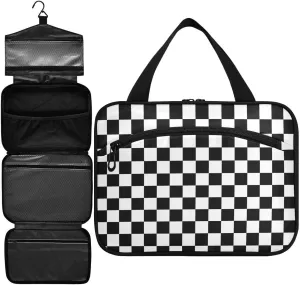 ZZKKO Toiletry Bags for Traveling Women Stylish Racing Flag Checkers Toiletry Bag with Hanging Hook Makeup Bag Travel Cosmetic Bag Travel Organizer for Accessories Toiletries Medium