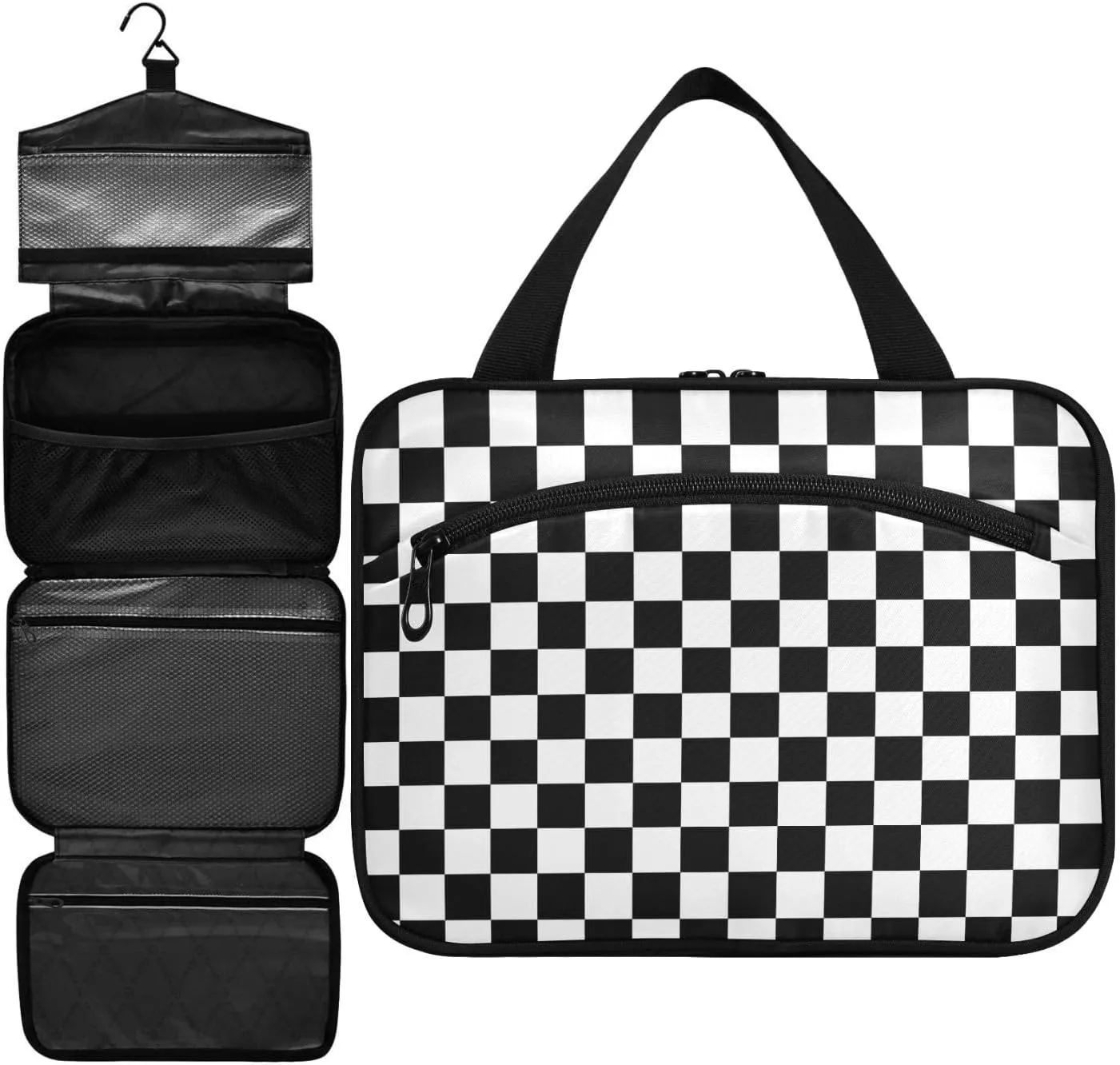 ZZKKO Toiletry Bags for Traveling Women Stylish Racing Flag Checkers Toiletry Bag with Hanging Hook Makeup Bag Travel Cosmetic Bag Travel Organizer for Accessories Toiletries Medium