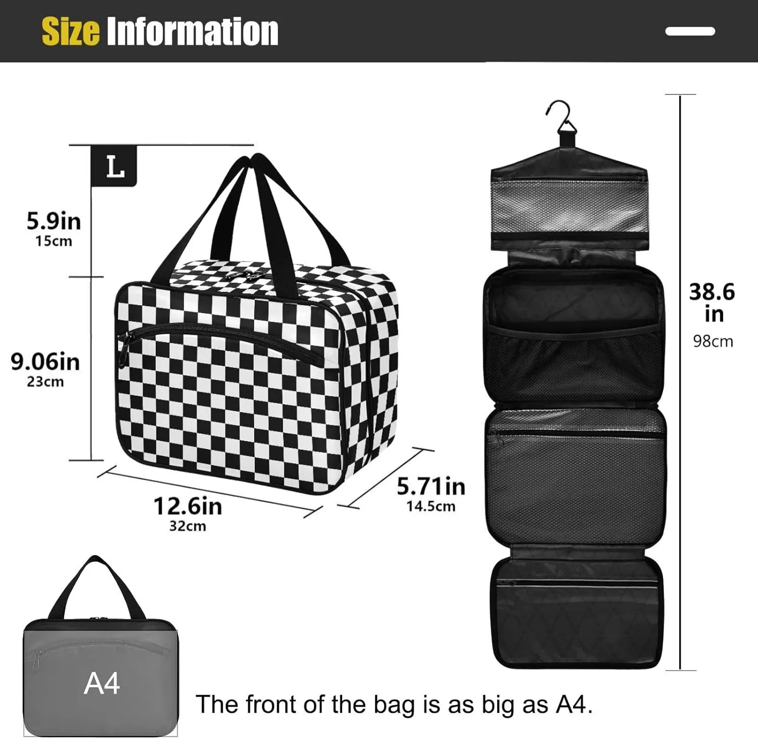 ZZKKO Toiletry Bags for Traveling Women Stylish Racing Flag Checkers Toiletry Bag with Hanging Hook Makeup Bag Travel Cosmetic Bag Travel Organizer for Accessories Toiletries Medium