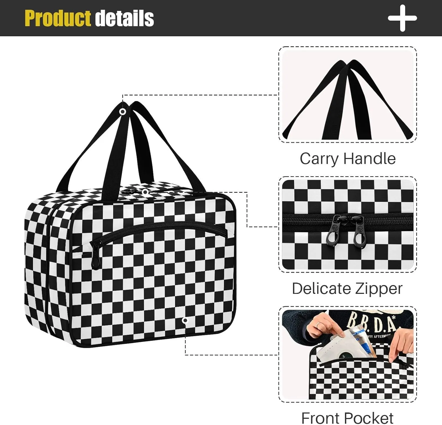 ZZKKO Toiletry Bags for Traveling Women Stylish Racing Flag Checkers Toiletry Bag with Hanging Hook Makeup Bag Travel Cosmetic Bag Travel Organizer for Accessories Toiletries Medium