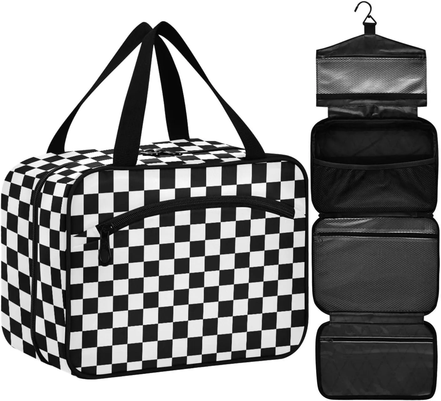 ZZKKO Toiletry Bags for Traveling Women Stylish Racing Flag Checkers Toiletry Bag with Hanging Hook Makeup Bag Travel Cosmetic Bag Travel Organizer for Accessories Toiletries Medium